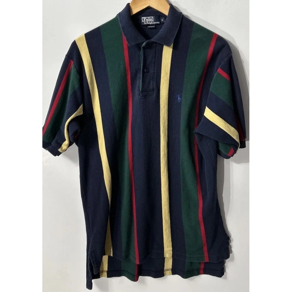 Mens Vintage USA 90s Polo Ralph Lauren Stripe Short Sleeve Polo Shirt L